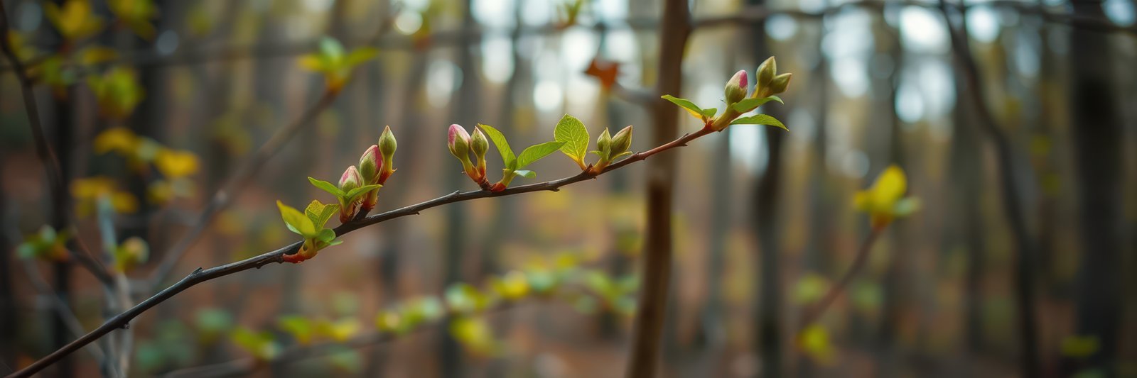 New buds emerge on a branch in a tranquil forest during early spring